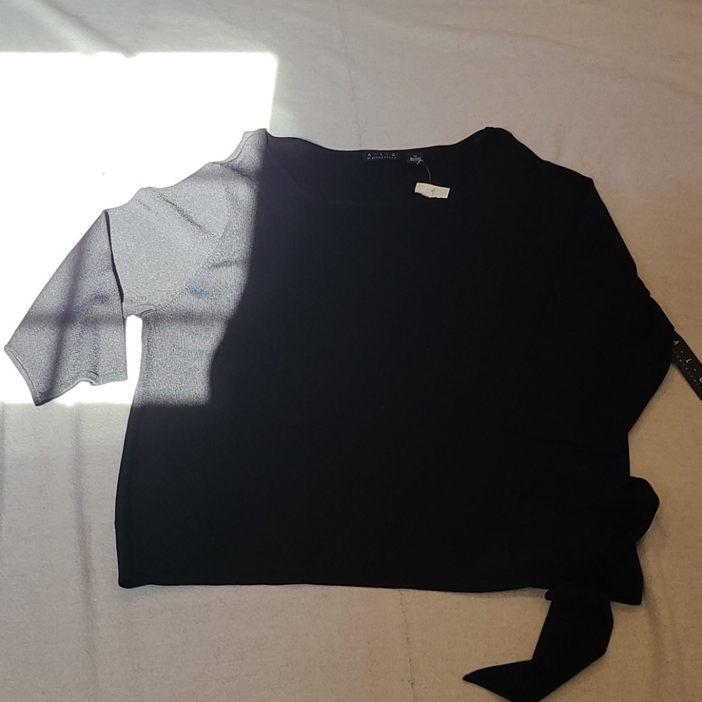 Black rayon scoop neck sweater with side hem tie